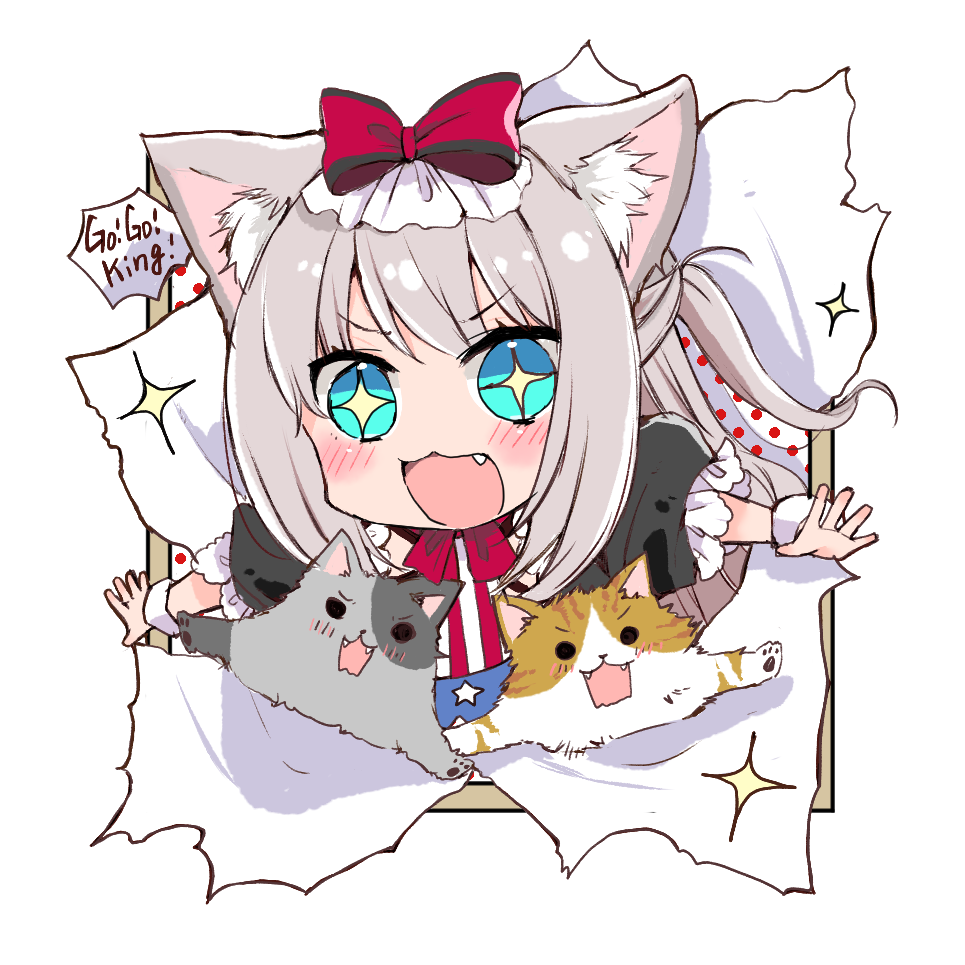 +_+ 1girl :3 :d american_flag american_flag_print animal animal_ears azur_lane bangs black_dress blue_eyes blush bow cat cat_ears commentary_request dress eyebrows_visible_through_hair fang flag_print hair_bow hammann_(azur_lane) long_hair looking_at_viewer mitoko_(kuma) one_side_up open_mouth outstretched_arms polka_dot print_neckwear puffy_short_sleeves puffy_sleeves red_bow short_sleeves sidelocks silver_hair smile solo sparkle spread_arms v-shaped_eyebrows very_long_hair white_background wrist_cuffs