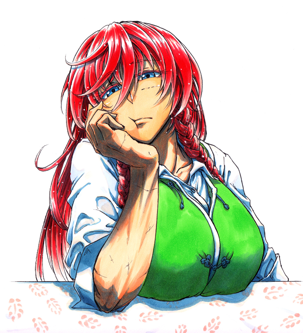 1girl blue_eyes braid breasts chinese_clothes commentary commentary_request hair_between_eyes hat hong_meiling koyubi_(littlefinger1988) large_breasts long_hair redhead scar shirt simple_background solo tangzhuang touhou translation_request twin_braids white_background white_shirt