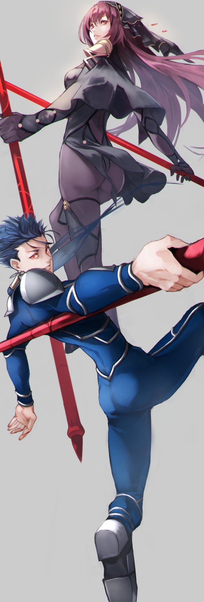 1boy 1girl 55level ass blue_bodysuit blue_hair bodysuit capelet dual_wielding fate/grand_order fate_(series) foreshortening gae_bolg gloves grey_background hair_between_eyes highres holding holding_lance holding_weapon lance lancer long_hair long_sleeves looking_at_viewer parted_lips pauldrons polearm ponytail purple_bodysuit purple_hair red_eyes scathach_(fate/grand_order) shoulder_armor simple_background spaulders weapon