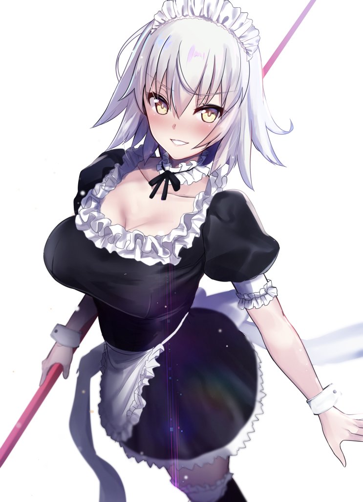 1girl alternate_costume apron bangs black_dress blush breasts broom choker cleavage collarbone detached_collar dress enmaided eyebrows_visible_through_hair fate/grand_order fate_(series) frilled_choker frilled_dress frills hair_between_eyes jeanne_d'arc_(alter)_(fate) jeanne_d'arc_(fate)_(all) large_breasts looking_at_viewer maid maid_apron maid_headdress pale_skin polearm puffy_short_sleeves puffy_sleeves ribbon short_hair short_sleeves silver_hair simple_background smile solo spear thigh-highs untsue waist_apron weapon white_background white_legwear wrist_cuffs yellow_eyes