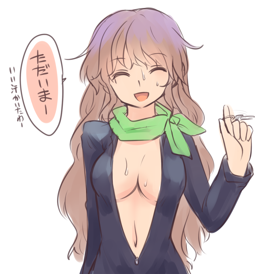 :d bangs biker_clothes breasts center_opening closed_eyes eyebrows_visible_through_hair green_scarf hijiri_byakuren key long_hair long_sleeves medium_breasts miyo_(ranthath) multicolored_hair navel open_mouth scarf simple_background smile sweat touhou translation_request two-tone_hair upper_body white_background