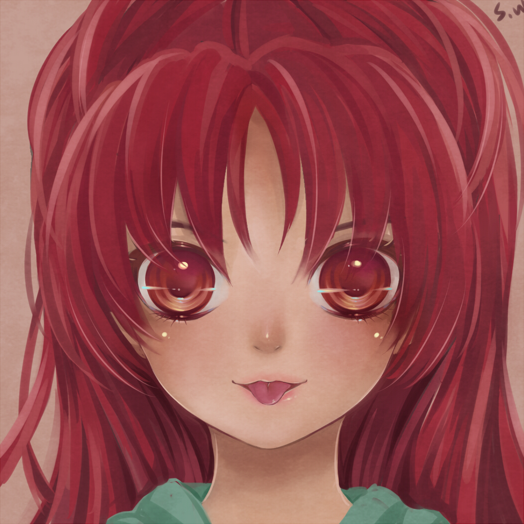 1girl :p atobesakunolove bangs big_hair brown_background eyelashes eyes long_hair looking_at_viewer mahou_shoujo_madoka_magica parted_bangs ponytail portrait red_eyes redhead sakura_kyouko signature smile solo tongue tongue_out