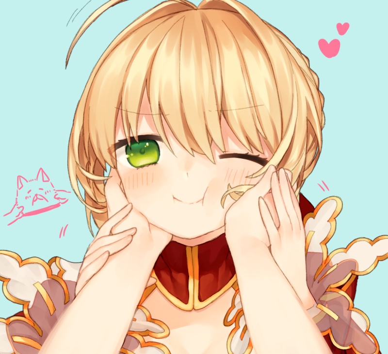 1girl ahoge blonde_hair blush cheek_press dog fate/extra fate_(series) hair_bun hair_intakes heart looking_at_viewer munuko nero_claudius_(fate) nero_claudius_(fate)_(all) one_eye_closed pov saber_extra solo_focus wink