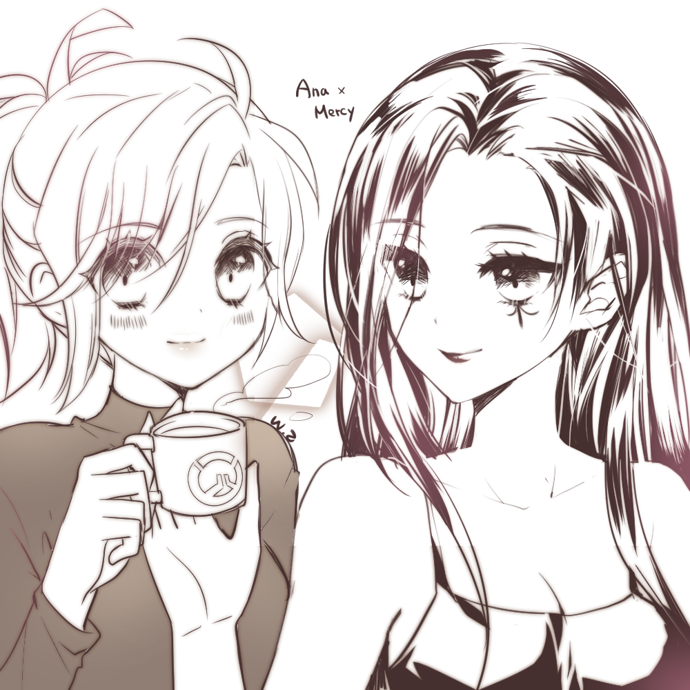 2girls alternate_costume ana_(overwatch) artist_name atobesakunolove bare_shoulders blush breasts cleavage closed_mouth cup eyes eyes_visible_through_hair facial_mark greyscale holding holding_cup long_hair looking_at_viewer medium_breasts mercy_(overwatch) monochrome multiple_girls overwatch ponytail signature smile sweater younger yuri