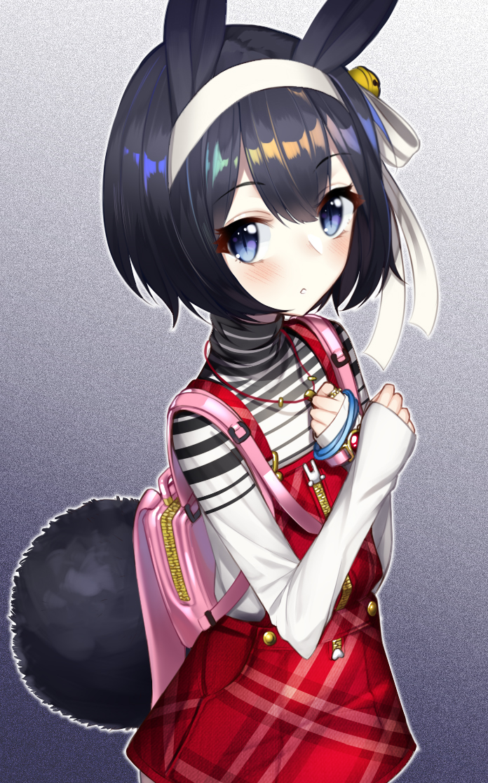 1girl :o animal_ears backpack bag bangs bell black_hair blue_eyes blush bow bunny_girl bunny_tail eyebrows_visible_through_hair hair_bell hair_between_eyes hair_bow hair_ornament hairband jingle_bell long_sleeves original overall_skirt parted_lips plaid plaid_overalls rabbit_ears red_overalls shirt short_hair skirt sleeves_past_wrists solo striped striped_bow striped_shirt tail the_cold white_bow white_hairband white_shirt