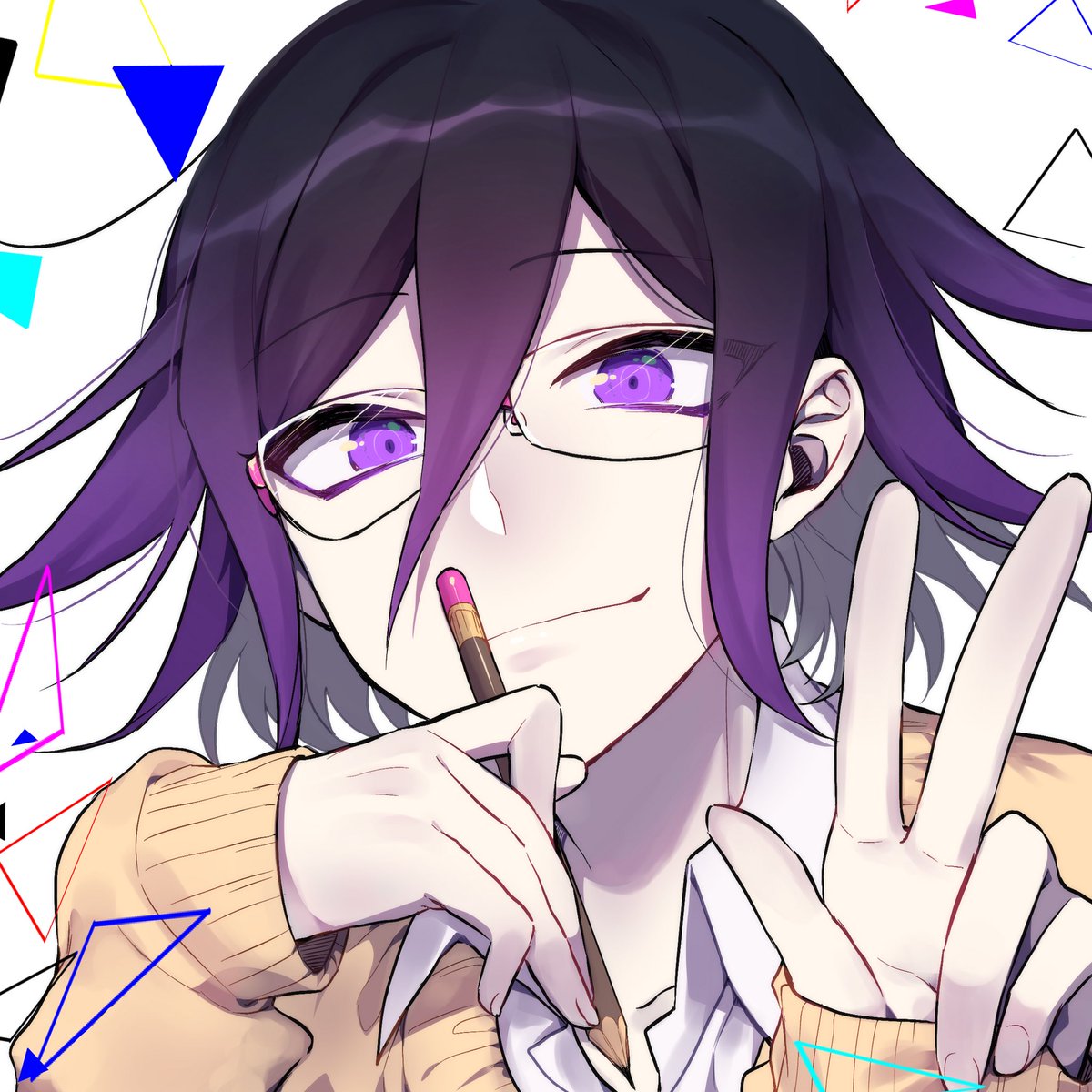 1boy abstract_background bespectacled black_hair close-up closed_mouth collared_shirt dangan_ronpa eyebrows_visible_through_hair face glasses gradient_hair hair_between_eyes highres holding holding_pencil long_sleeves looking_at_viewer male_focus multicolored_hair nanin new_dangan_ronpa_v3 ouma_kokichi pencil purple_hair red_eyes shirt sleeves_past_wrists smile solo sweater triangle tsurime v violet_eyes wing_collar yellow_sweater