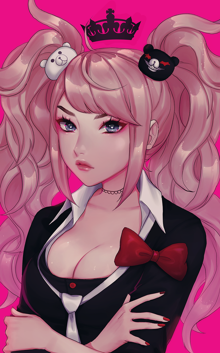 1girl bear_hair_ornament black_choker black_shirt blonde_hair blue_eyes bow breasts choker cleavage closed_mouth collared_shirt commentary crossed_arms crown dangan_ronpa dangan_ronpa_1 enoshima_junko fingernails hair_ornament highres lace_choker lips long_hair medium_breasts nail_polish necktie pink_background red_bow red_nails shari_cote shirt simple_background solo twintails upper_body white_neckwear white_shirt wing_collar