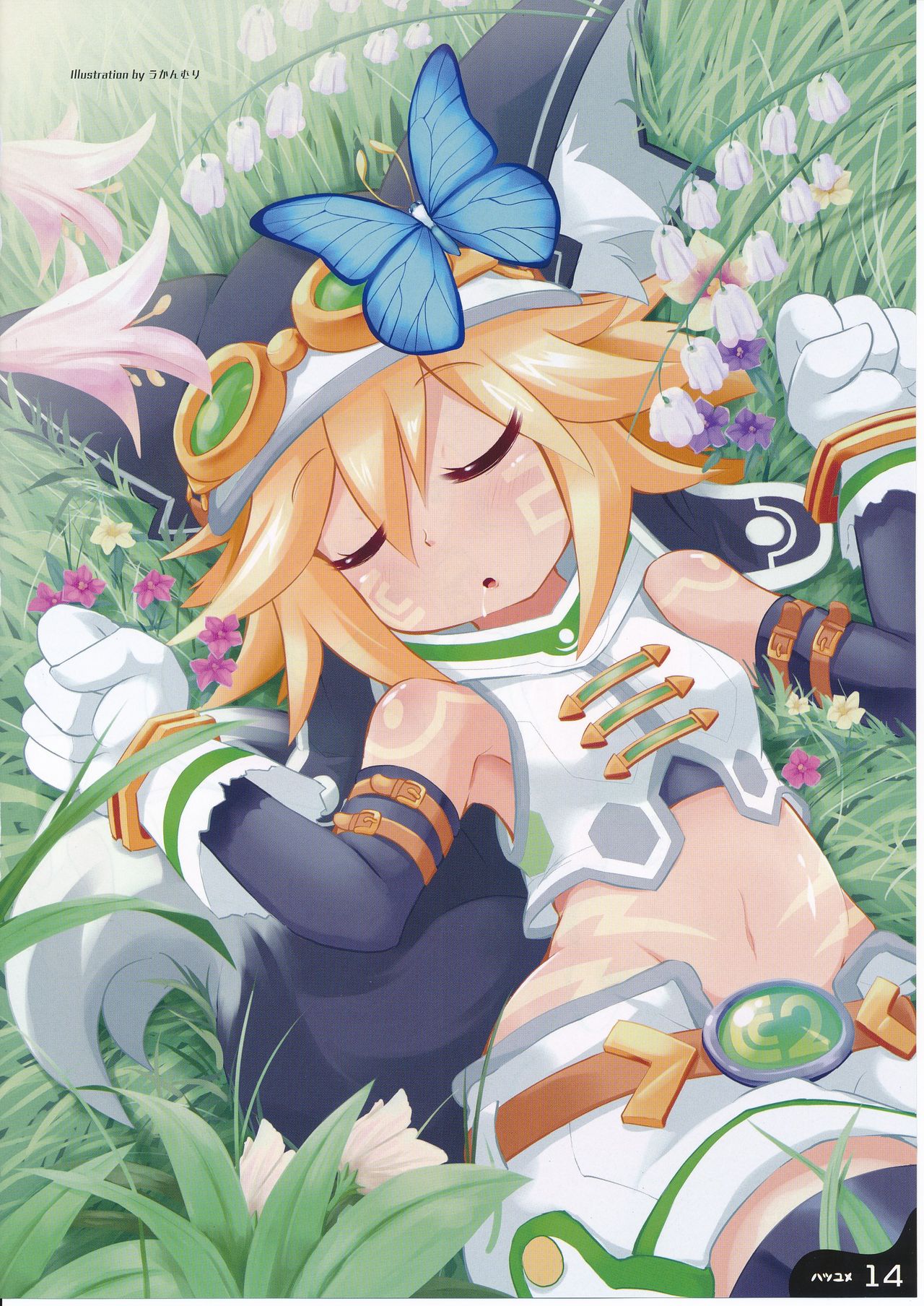 1girl animal_ears blonde_hair blush butterfly closed_eyes crop_top cyberconnect2_(choujigen_game_neptune) drooling flower goggles grass hat highres insect neptune_(series) saliva scan short_hair sleeping tail