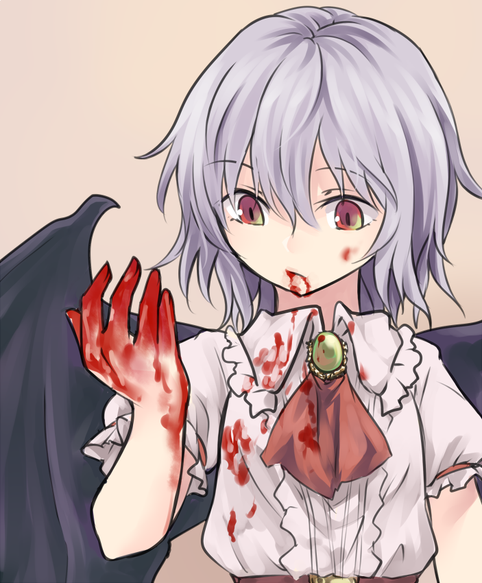 1girl ascot bangs bat_wings black_wings blood blood_on_face bloody_clothes bloody_hands brooch brown_background closed_mouth eyebrows_visible_through_hair grey_hair jewelry miyo_(ranthath) multicolored multicolored_eyes remilia_scarlet short_hair short_sleeves simple_background solo touhou upper_body wings
