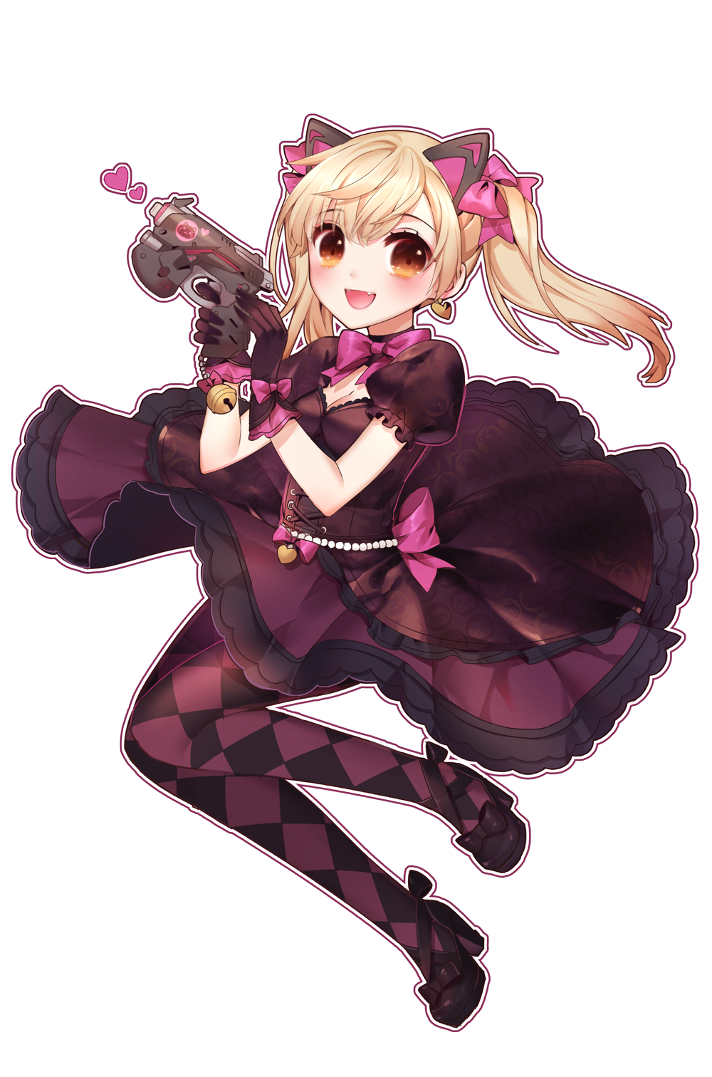 1girl :d animal_ears argyle argyle_legwear atobesakunolove bangs bell black_cat_d.va blonde_hair bow bowtie breasts brown_dress brown_eyes brown_gloves cat_ears cleavage cleavage_cutout d.va_(overwatch) dress earrings fang full_body gloves gun hair_bow handgun heart heart_earrings high_heels highres holding holding_gun holding_weapon jewelry jingle_bell looking_at_viewer open_mouth overwatch pantyhose pink_bow pink_neckwear pistol puffy_short_sleeves puffy_sleeves short_sleeves smile solo transparent_background twintails weapon