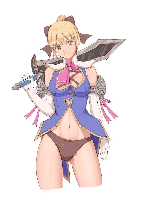 1girl armor bare_shoulders blonde_hair bow breasts cassandra_alexandra cleavage contrapposto cowboy_shot elbow_gloves gloves gluteal_fold green_eyes holding holding_sword holding_weapon midriff navel over_shoulder panties popo_agaga short_hair simple_background smile solo soul_calibur soulcalibur_iv sword underwear weapon weapon_over_shoulder