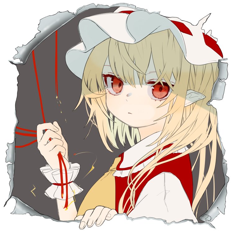 1girl ascot blonde_hair commentary_request flandre_scarlet frilled_shirt_collar frills gotoh510 grabbing grey_background hat looking_at_viewer mob_cap pointy_ears puffy_short_sleeves puffy_sleeves red_eyes red_string short_hair short_sleeves simple_background solo string touhou upper_body white_background work_in_progress wrist_cuffs yellow_neckwear