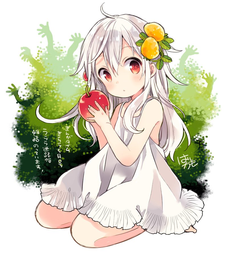 1girl apple chiya_(urara_meirochou) commentary_request dress food food_themed_hair_ornament fruit full_body hair_ornament harikamo holding holding_food long_hair parted_lips red_eyes seiza sitting sleeveless sleeveless_dress translation_request urara_meirochou white_hair