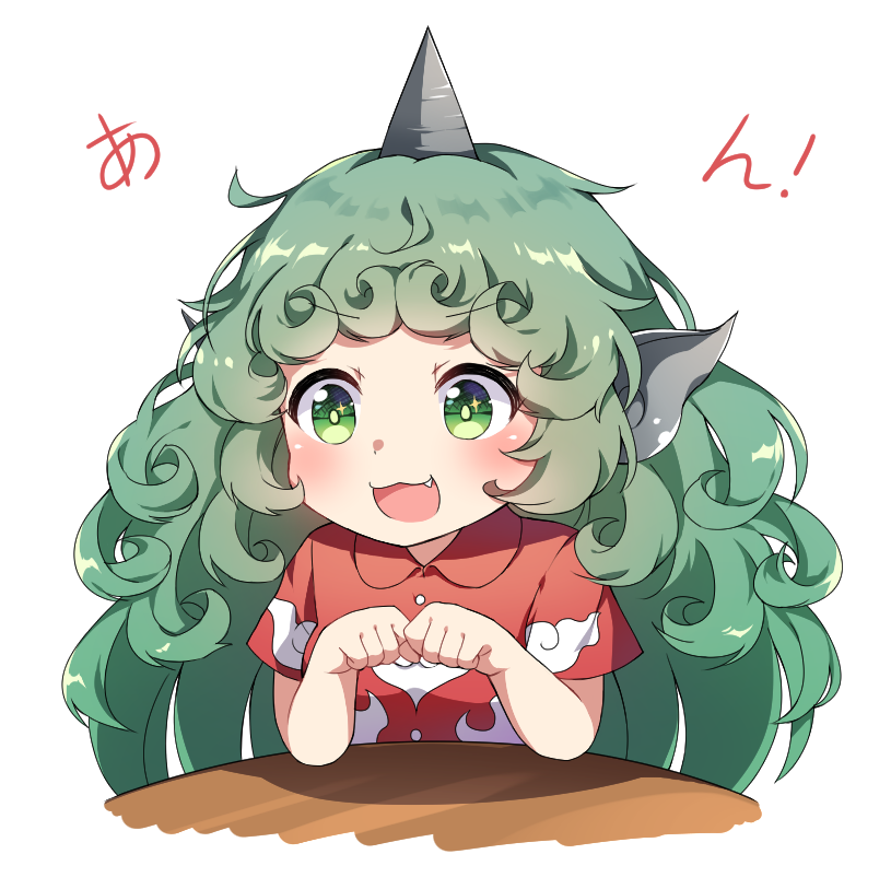 1girl :3 :d animal_ears blush bridal_gauntlets caramell0501 collared_shirt curly_hair eyebrows_visible_through_hair fang horn komano_aun long_hair open_mouth paw_pose red_shirt shiny shiny_hair shirt short_sleeves simple_background smile solo sparkling_eyes table tareme touhou translation_request upper_body v-shaped_eyebrows very_long_hair white_background