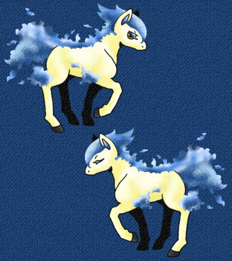 alternate_color blue blue_background blue_fire brown_eyes closed_eyes commentary commentary_request creature dual_persona eyelashes fiery_hair fiery_tail fire from_side full_body gen_1_pokemon horse no_humans pokemon pokemon_(creature) ponyta profile shiny_pokemon solo wakamiya walking white_horse