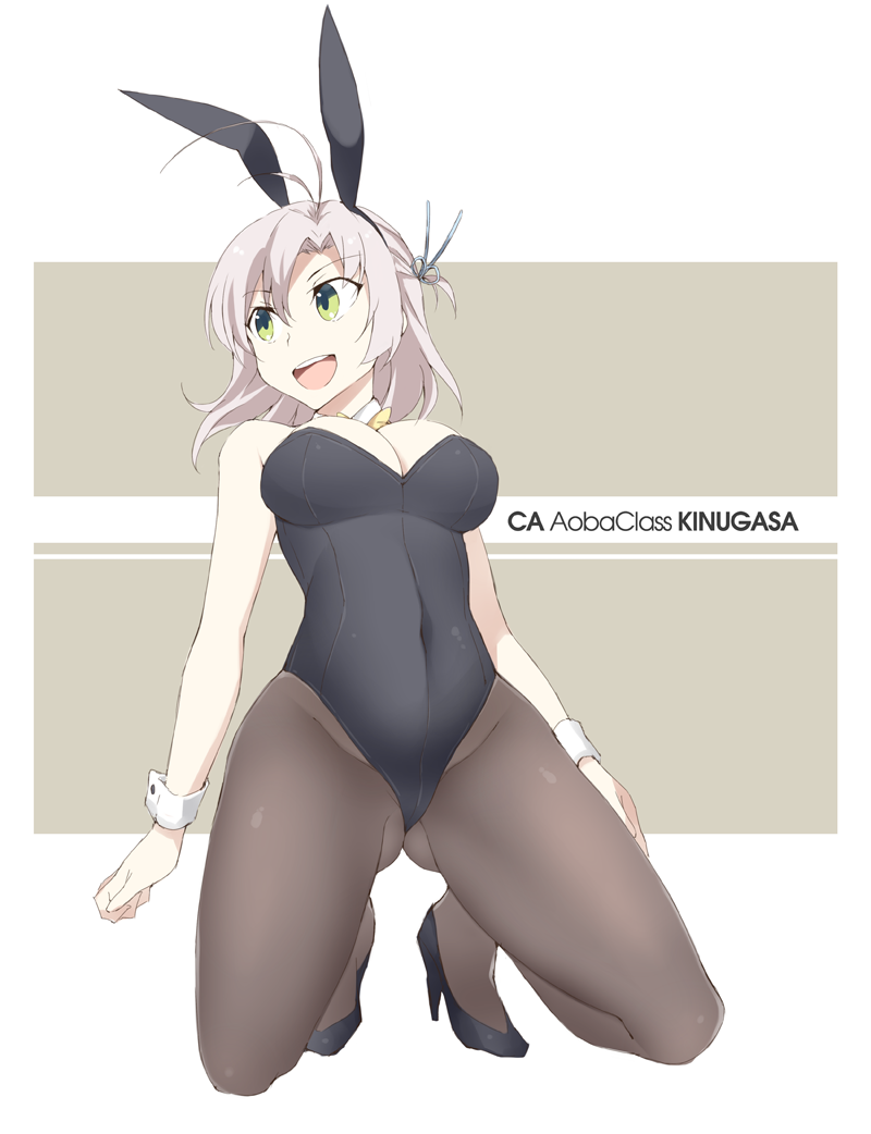 &gt;:d 1girl alternate_costume animal_ears antenna_hair bare_shoulders black_legwear breasts bunny_girl bunnysuit character_name cleavage detached_collar fake_animal_ears full_body green_eyes grey_hair hair_tie high_heels kantai_collection kinugasa_(kantai_collection) large_breasts leotard looking_to_the_side pantyhose rabbit_ears solo souji wrist_cuffs
