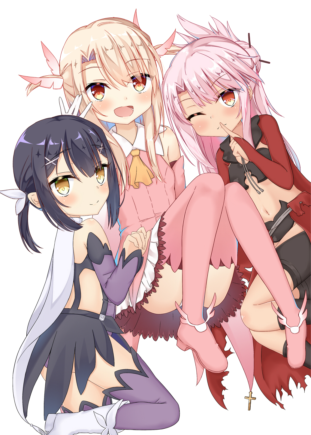 3girls :d aroma0501 ascot asymmetrical_bangs bangs bare_shoulders black_hair black_legwear blush boots bridal_gauntlets brown_eyes cape chloe_von_einzbern coat commentary_request cross dark_skin detached_sleeves dress dutch_angle elbow_gloves fate/kaleid_liner_prisma_illya fate_(series) feathers finger_to_mouth fingernails gloves hair_feathers hair_ornament hair_ribbon highres illyasviel_von_einzbern kneehighs latin_cross light_brown_hair long_hair long_sleeves looking_at_viewer looking_to_the_side magical_ruby magical_sapphire miyu_edelfelt multiple_girls navel one_eye_closed open_mouth orange_neckwear pink_dress pink_feathers pink_footwear pink_gloves pink_hair pink_legwear prisma_illya purple_legwear red_coat ribbon shushing side_ponytail simple_background sitting sleeveless sleeveless_dress smile standing standing_on_one_leg thigh-highs thigh_boots very_long_hair white_background white_cape white_footwear white_ribbon x_hair_ornament yellow_eyes