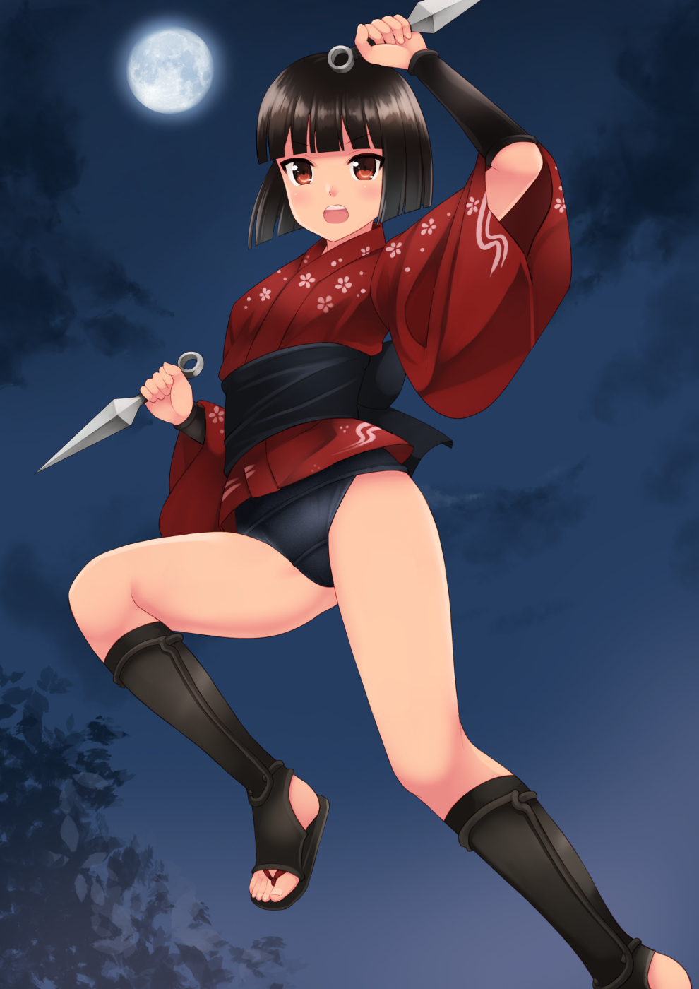 1girl akemiho_tabi_nikki black_hair brown_eyes fukube_tamaki full_moon highres japanese_clothes kouno_hikaru kunai moon night ninja ninjatou open_mouth school_swimsuit short_hair solo swimsuit swimsuit_under_clothes weapon