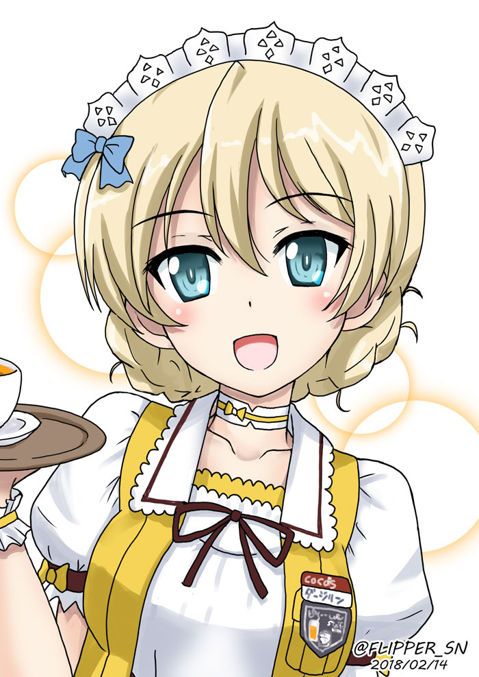 1girl :d alternate_costume badge bangs black_bow blonde_hair blue_bow blue_eyes bow bow_choker braid choker circle coco's collar commentary cup darjeeling dated eyebrows_visible_through_hair flipper frilled_collar frilled_sleeves frills girls_und_panzer hair_bow holding jacket looking_at_viewer maid_headdress name_tag open_mouth puffy_short_sleeves puffy_sleeves saucer short_hair short_sleeves sleeveless_jacket smile solo standing teacup tied_hair tray twin_braids twitter_username upper_body waitress white_background yellow_choker yellow_jacket