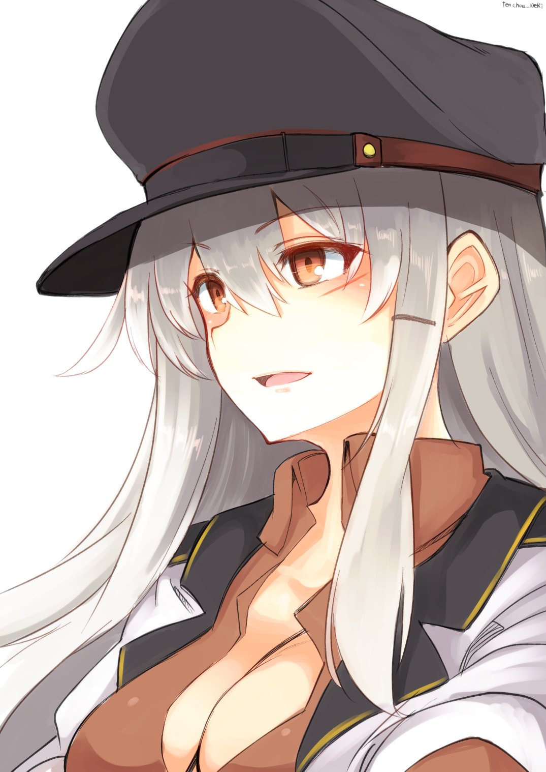 10eki_(tenchou) breasts eyebrows_visible_through_hair facial_scar gangut_(kantai_collection) grey_hair hair_between_eyes hat highres jacket_on_shoulders kantai_collection large_breasts military military_hat military_jacket military_uniform naval_uniform peaked_cap red_eyes red_shirt scar scar_on_cheek shirt simple_background uniform white_background