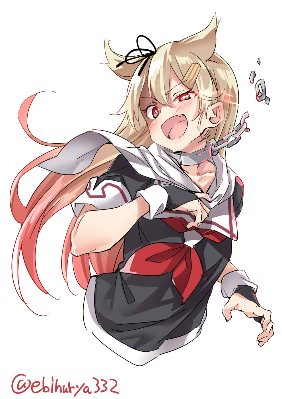 1girl blonde_hair blush broken broken_chain chains collarbone commentary ebifurya eyebrows_visible_through_hair fang fingerless_gloves gloves gradient_hair hair_between_eyes hair_flaps hair_ornament hairclip highres kantai_collection long_hair looking_at_viewer multicolored_hair neckerchief open_mouth red_eyes redhead remodel_(kantai_collection) scarf school_uniform serafuku short_sleeves simple_background solo twitter_username white_background yuudachi_(kantai_collection)