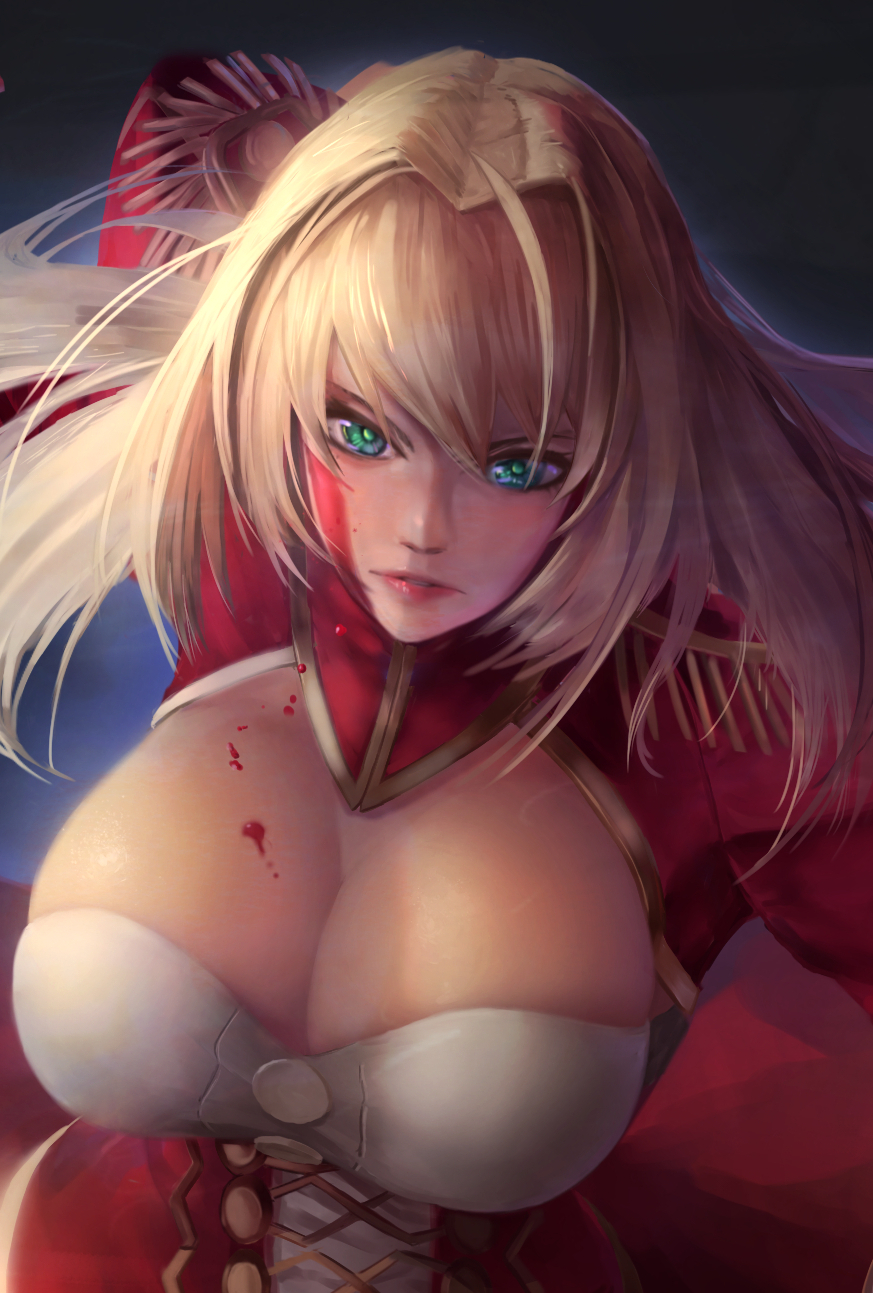 1girl ahoge blonde_hair blood blood_on_breasts blood_on_face breasts cleavage cleavage_cutout dress dripping epaulettes fate/extra fate_(series) fighting_stance green_eyes hair_intakes highres large_breasts lips long_hair looking_at_viewer nero_claudius_(fate) nero_claudius_(fate)_(all) parted_lips plaster_(2501) red_dress shiny shiny_hair solo upper_body v-shaped_eyebrows