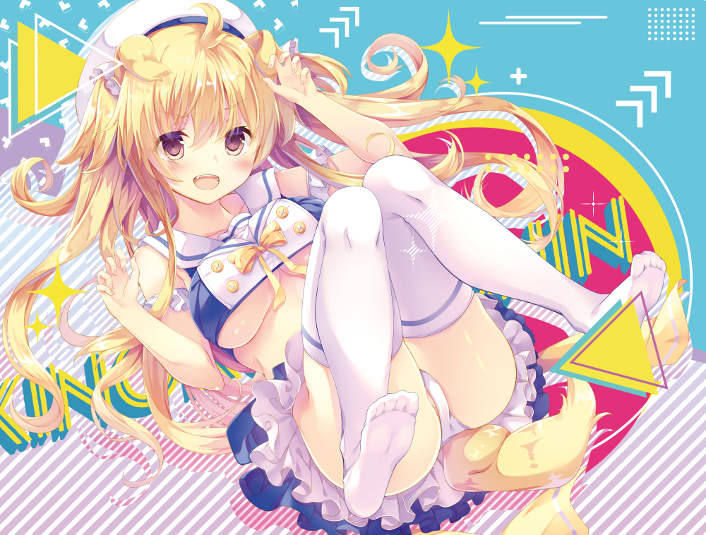 1girl :d animal_ears arm_up bangs bare_shoulders beret blonde_hair blue_skirt blush bow bowtie breasts brown_eyes collarbone commentary_request crop_top dog_ears dog_girl dog_tail eyebrows_visible_through_hair fingernails full_body hair_between_eyes hair_ribbon hand_up hat kinokomushi large_breasts long_hair lying no_shoes on_back open_mouth original panties ribbon sailor_collar school_uniform serafuku shirt skirt sleeveless sleeveless_shirt smile soles solo sparkle tail thigh-highs under_boob underwear v-shaped_eyebrows very_long_hair white_hat white_legwear white_panties white_ribbon white_sailor_collar white_shirt yellow_neckwear