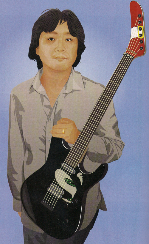 1boy asian black_hair brown_eyes electric_guitar guitar holding instrument jewelry jun_senoue looking_at_viewer real_life realistic ring sonic_the_hedgehog standing