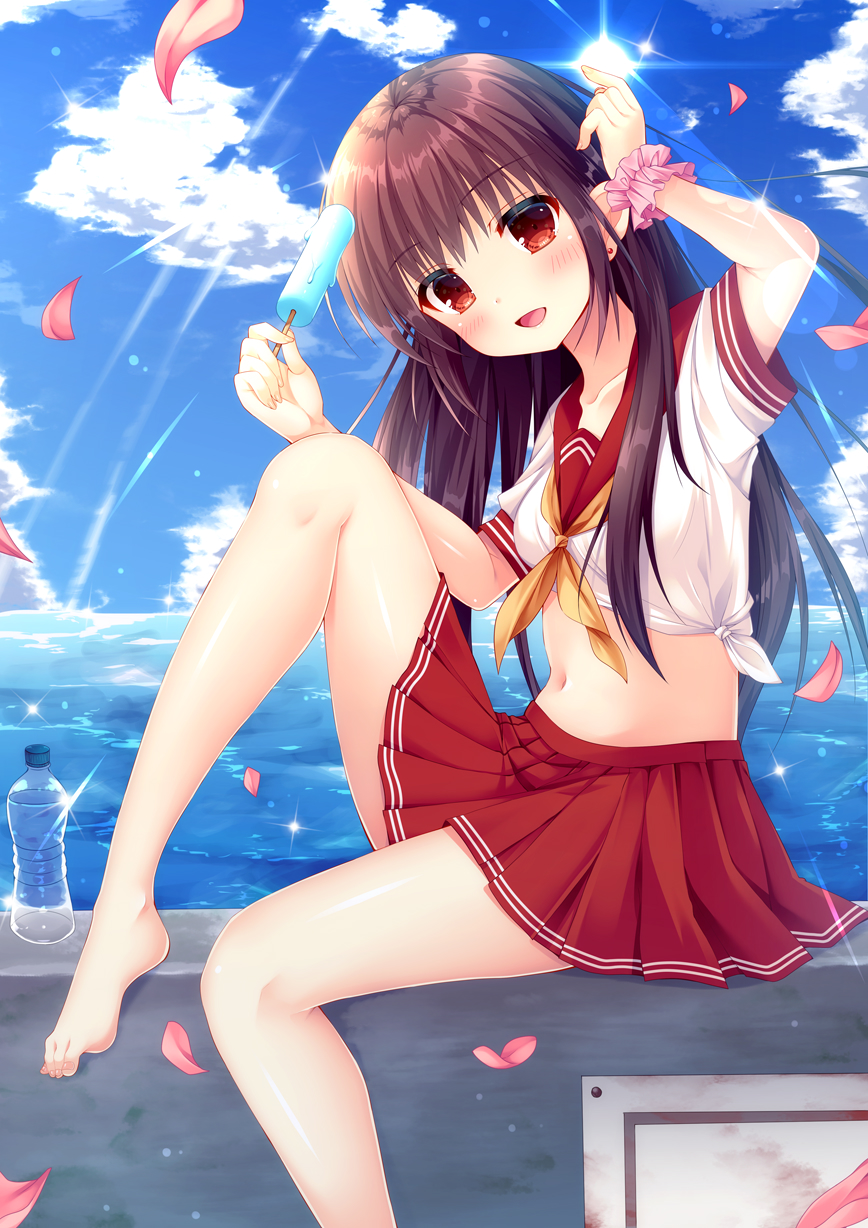 1girl :d arm_up bangs barefoot blue_sky blush bottle brown_hair clouds collarbone commentary_request day eyebrows_visible_through_hair fingernails food fujikura_ryuune hair_between_eyes hand_up head_tilt highres holding holding_food long_hair looking_at_viewer midriff navel neckerchief open_mouth orange_neckwear original outdoors petals pink_scrunchie pleated_skirt popsicle red_eyes red_sailor_collar red_skirt sailor_collar school_uniform scrunchie serafuku shirt short_sleeves sitting skirt sky smile solo tied_shirt toenails very_long_hair water_bottle white_shirt wrist_scrunchie