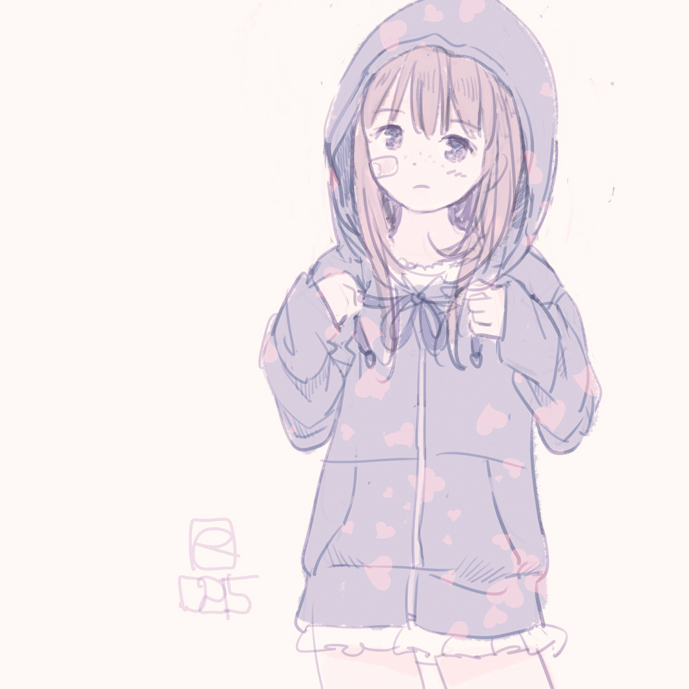 1girl bandaid bandaid_on_cheek bandaid_on_face bangs black_hoodie blush brown_background brown_eyes brown_hair closed_mouth cowboy_shot drawing eyebrows_visible_through_hair heart hood hood_up hoodie long_hair long_sleeves original signature simple_background sketch solo