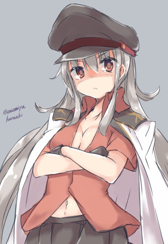 1girl breasts facial_scar gangut_(kantai_collection) gloves grey_background grey_hair hat jacket jacket_on_shoulders kantai_collection looking_at_viewer medium_breasts military military_hat military_jacket military_uniform naval_uniform onomiya peaked_cap red_eyes red_shirt scar scar_on_cheek shirt simple_background solo uniform