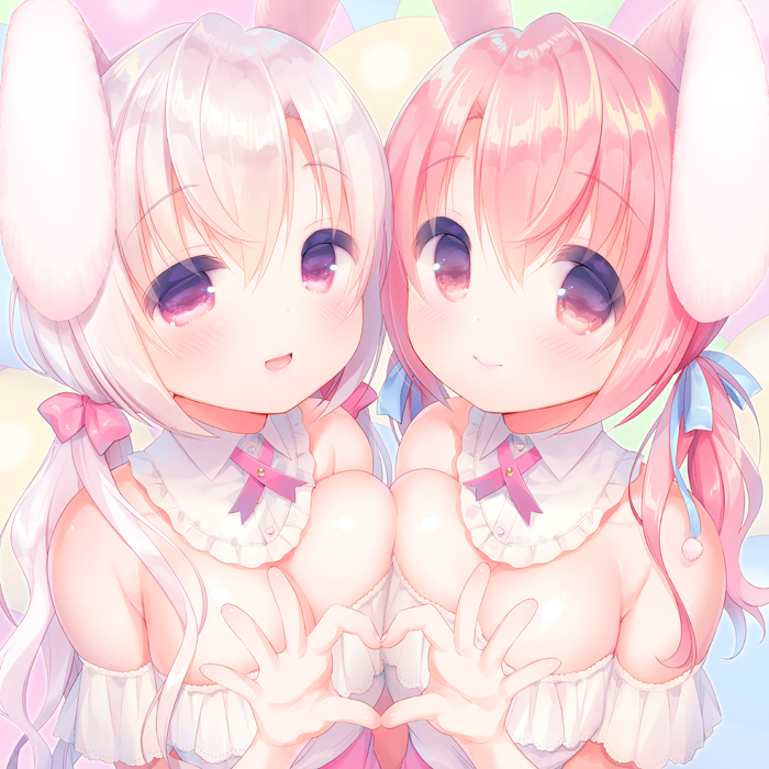 2girls :d animal_ears bangs bare_shoulders blue_bow blush bow breast_squeeze breasts brown_eyes closed_mouth commentary_request dress eyebrows_visible_through_hair fingernails hair_between_eyes hair_bow heart heart_hands heart_hands_duo large_breasts long_hair looking_at_viewer low_twintails multiple_girls off-shoulder_dress off_shoulder open_mouth original pink_bow pink_dress pink_hair rabbit_ears red_eyes sakura_(usashiro_mani) silver_hair smile twintails usashiro_mani very_long_hair