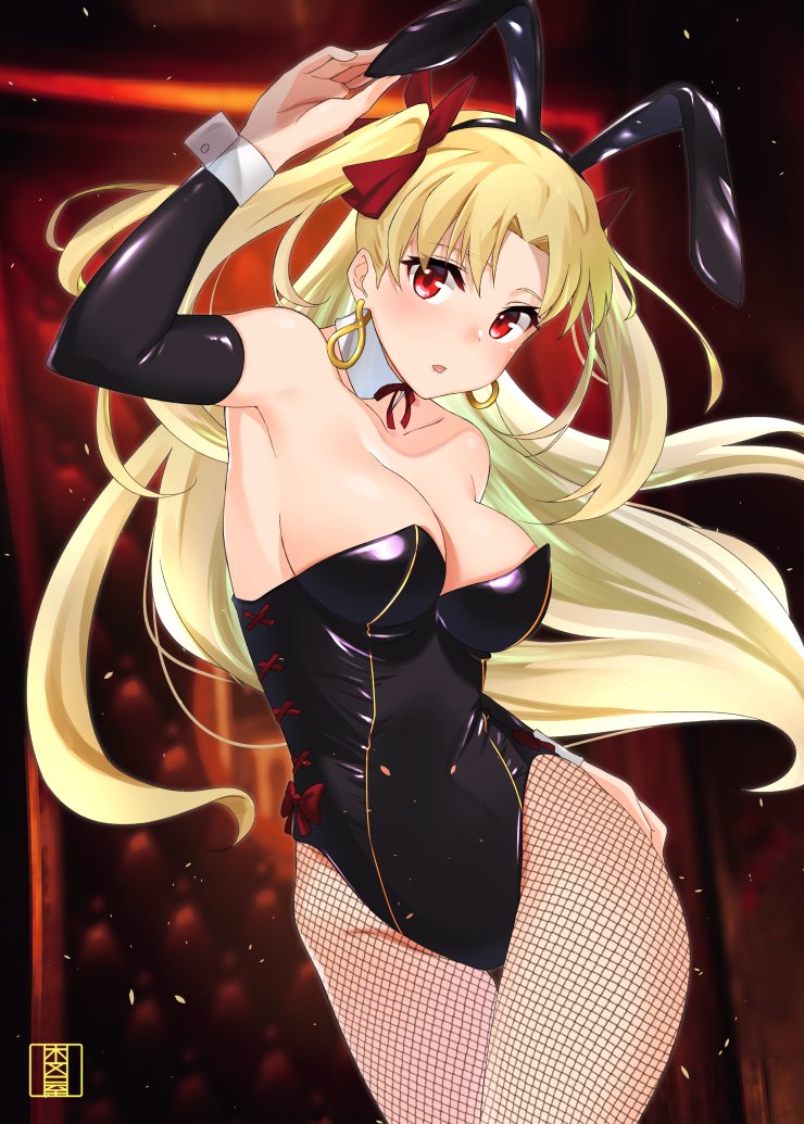 1girl animal_ears arm_warmers bangs black_leotard blonde_hair breasts bunnysuit cowboy_shot detached_collar earrings ereshkigal_(fate/grand_order) fate/grand_order fate_(series) fishnet_pantyhose fishnets jewelry leotard logo long_hair medium_breasts murio neck_ribbon pantyhose parted_bangs rabbit_ears red_eyes red_ribbon ribbon solo strapless strapless_leotard tohsaka_rin two_side_up wrist_cuffs