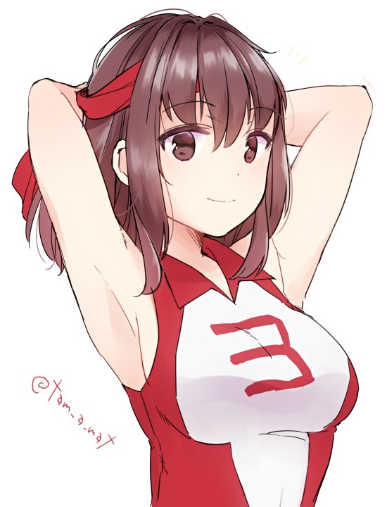 1girl armpits arms_behind_head arms_up bangs breasts brown_eyes brown_hair closed_mouth commentary eyebrows_visible_through_hair girls_und_panzer kondou_taeko large_breasts looking_at_viewer red_headband red_shirt shirt short_hair simple_background sleeveless sleeveless_shirt smile solo sportswear standing tam_a_mat twitter_username upper_body volleyball_uniform white_background