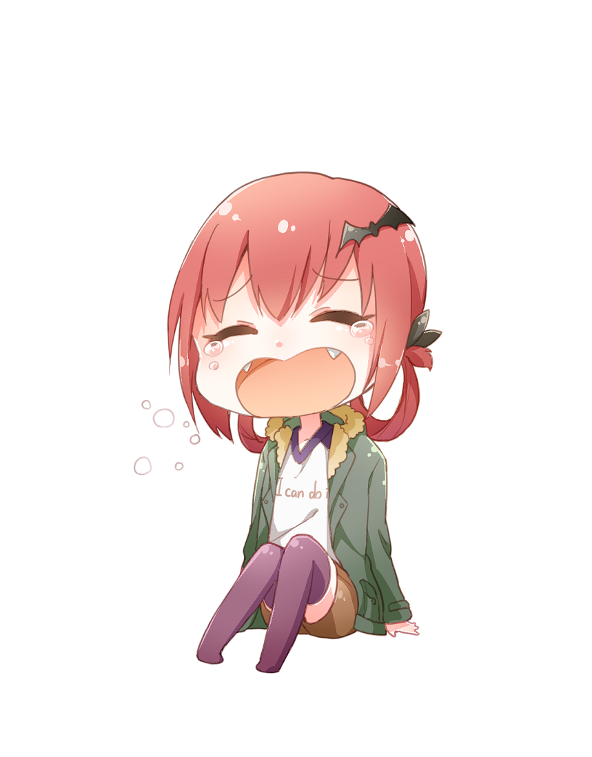 1girl arm_support bafarin bat_hair_ornament casual chibi closed_eyes clothes_writing crying english fangs gabriel_dropout green_jacket hair_ornament hair_rings jacket kurumizawa_satanichia_mcdowell no_shoes open_mouth purple_legwear redhead shirt shorts simple_background sitting solo tears white_background white_shirt