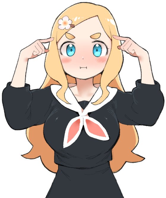 1girl aqua_eyes artist_request black_shirt blonde_hair blush breasts flower hair_flower hair_ornament harohapi!_shinonome_megu-chan_no_oheya long_hair long_sleeves shinonome_megu shirt solo thick_eyebrows