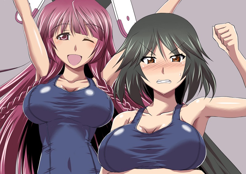 2girls :d animal_ears armpits bangs black_hair blush braid breast_hold breasts brown_eyes cleavage clenched_hand clenched_teeth embarrassed grey_background hair_between_eyes infinite_stratos kuroda_ariake large_breasts long_hair multiple_girls old_school_swimsuit one-piece_swimsuit one_eye_closed open_mouth orimura_chifuyu purple_background purple_hair rabbit_ears school_swimsuit shinonono_tabane simple_background smile sweatdrop swimsuit teeth twin_braids violet_eyes