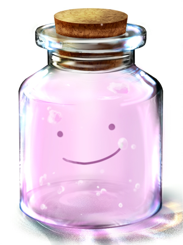 bottle bubble closed_mouth commentary commentary_request cork creature ditto full_body gen_1_pokemon mea_(pixiv23333494) no_humans pokemon pokemon_(creature) simple_background smile solo white_background