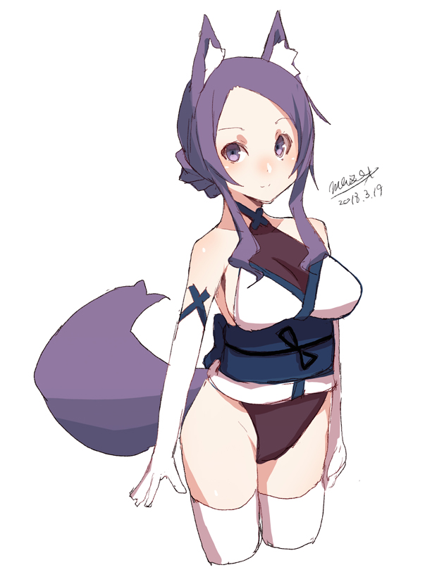 1girl animal_ears bare_shoulders black_leotard blush braid closed_mouth collarbone cowboy_shot criss-cross_halter cropped_legs dated elbow_gloves fox_ears fox_girl fox_tail gloves halterneck highleg highleg_leotard leotard maze_(gochama_ze_gohan) obi original purple_hair sash sidelocks signature simple_background sketch smile solo tail thigh-highs violet_eyes white_background white_gloves white_legwear