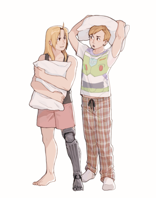2boys alphonse_elric automail barefoot black_shirt blonde_hair brothers buzz_lightyear buzz_lightyear_(cosplay) commentary disney edward_elric full_body fullmetal_alchemist image_sample long_hair looking_at_viewer male_focus multiple_boys open_mouth pajamas pants pillow pixar shirt short_hair shorts siblings simple_background sleeveless smile socks standing toy_story tumblr_sample white_background white_shirt