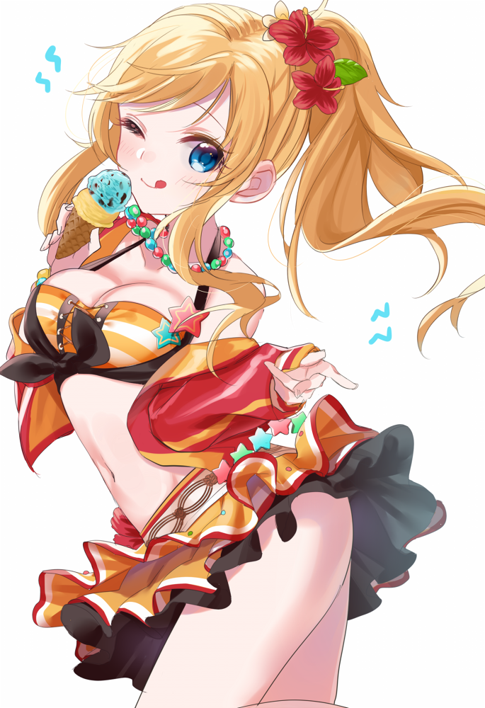 1girl badge bangs bare_shoulders bead_necklace beads blonde_hair blue_eyes blush breasts cleavage eyebrows_visible_through_hair flower front-tie_top hair_flower hair_ornament hips ice_cream_cone idolmaster idolmaster_cinderella_girls idolmaster_cinderella_girls_starlight_stage jacket jewelry licking_lips long_hair looking_at_viewer medium_breasts misumi_(macaroni) navel necklace off_shoulder one_eye_closed ootsuki_yui open_clothes open_jacket ponytail red_jacket simple_background skirt smile solo star striped_bikini_top swept_bangs thighs tongue tongue_out waist wavy_hair white_background yellow_bikini_top yellow_skirt