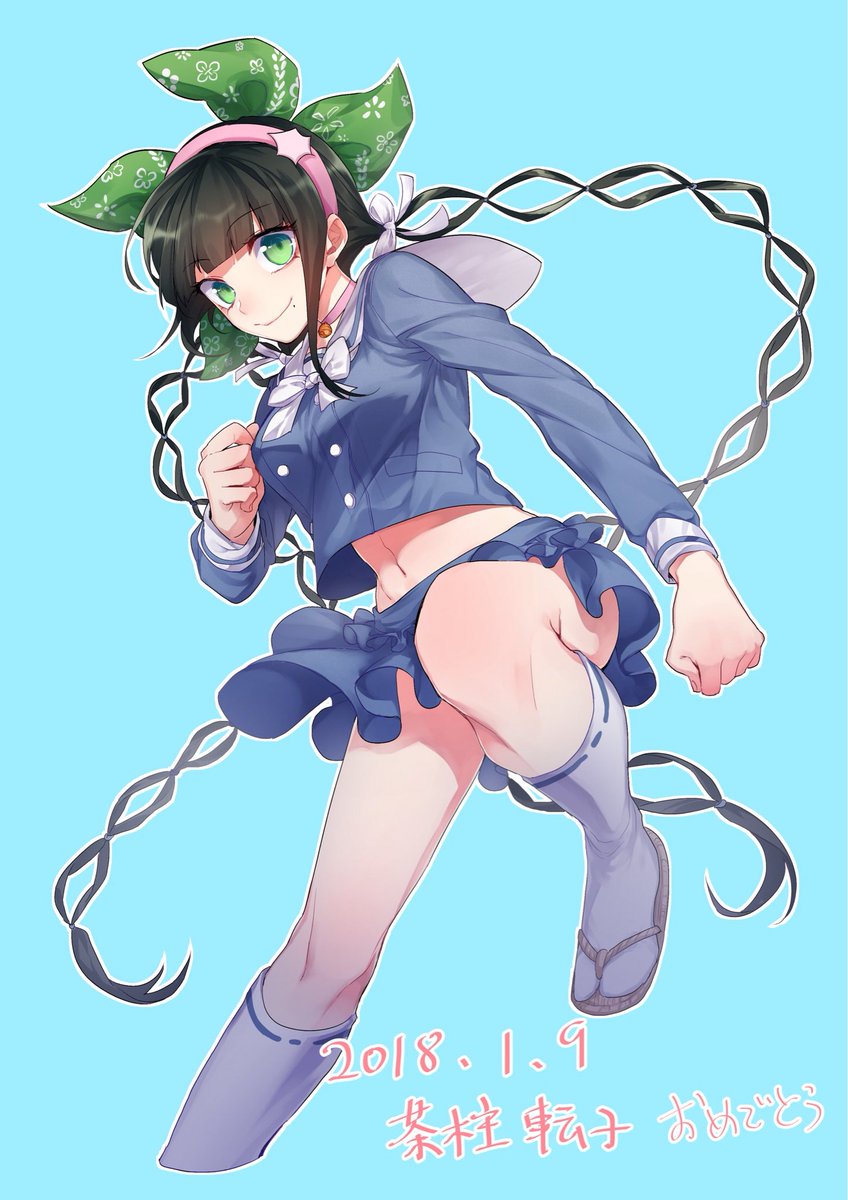 bangs bell bell_choker black_hair blue_background blue_shirt blue_skirt blunt_bangs bow bowtie braid breasts buttons chabashira_tenko choker clenched_hands closed_mouth cropped_legs dangan_ronpa dated frilled_skirt frills geta green_eyes green_ribbon hair_ribbon hairband highres kneehighs leg_up long_hair long_sleeves looking_at_viewer medium_breasts miniskirt mole mole_under_mouth nanin navel new_dangan_ronpa_v3 outline pink_choker pink_hairband ribbon sandals shirt simple_background single_sidelock skirt smile standing standing_on_one_leg stomach tabi twin_braids twitter_username very_long_hair white_bow white_legwear white_neckwear white_outline