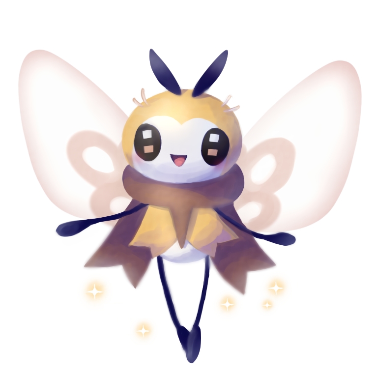 :d creature flying full_body gen_7_pokemon insect no_humans open_mouth outstretched_arms pink_eyes pokemon pokemon_(creature) ribombee simple_background smile solo sparkle white_background yukimich