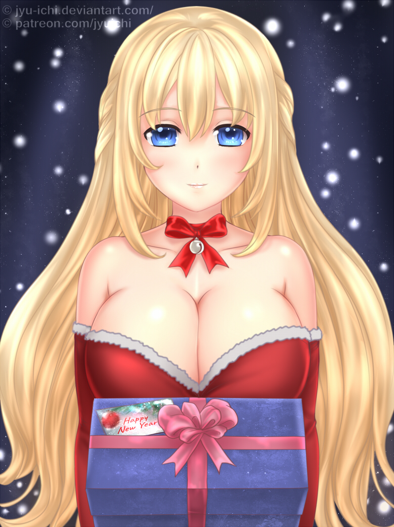1girl bare_shoulders bell blue_eyes bow breasts choujigen_game_neptune cleavage eyebrows_visible_through_hair fur_trim happy_new_year incoming_gift jingle_bell jyu_ichi large_breasts light_smile looking_at_viewer neptune_(series) new_year red_bow solo vert