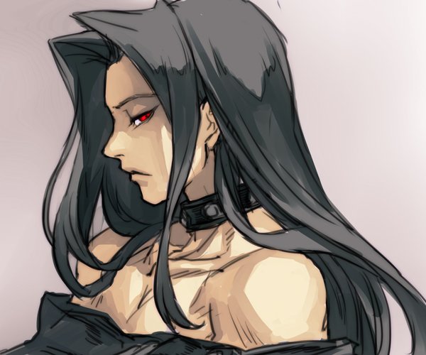 1boy closed_mouth collar dress from_side grey_background grey_dress grey_hair guilty_gear hankuri light_frown long_hair looking_at_viewer looking_to_the_side profile red_eyes slit_pupils solo testament_(guilty_gear) upper_body