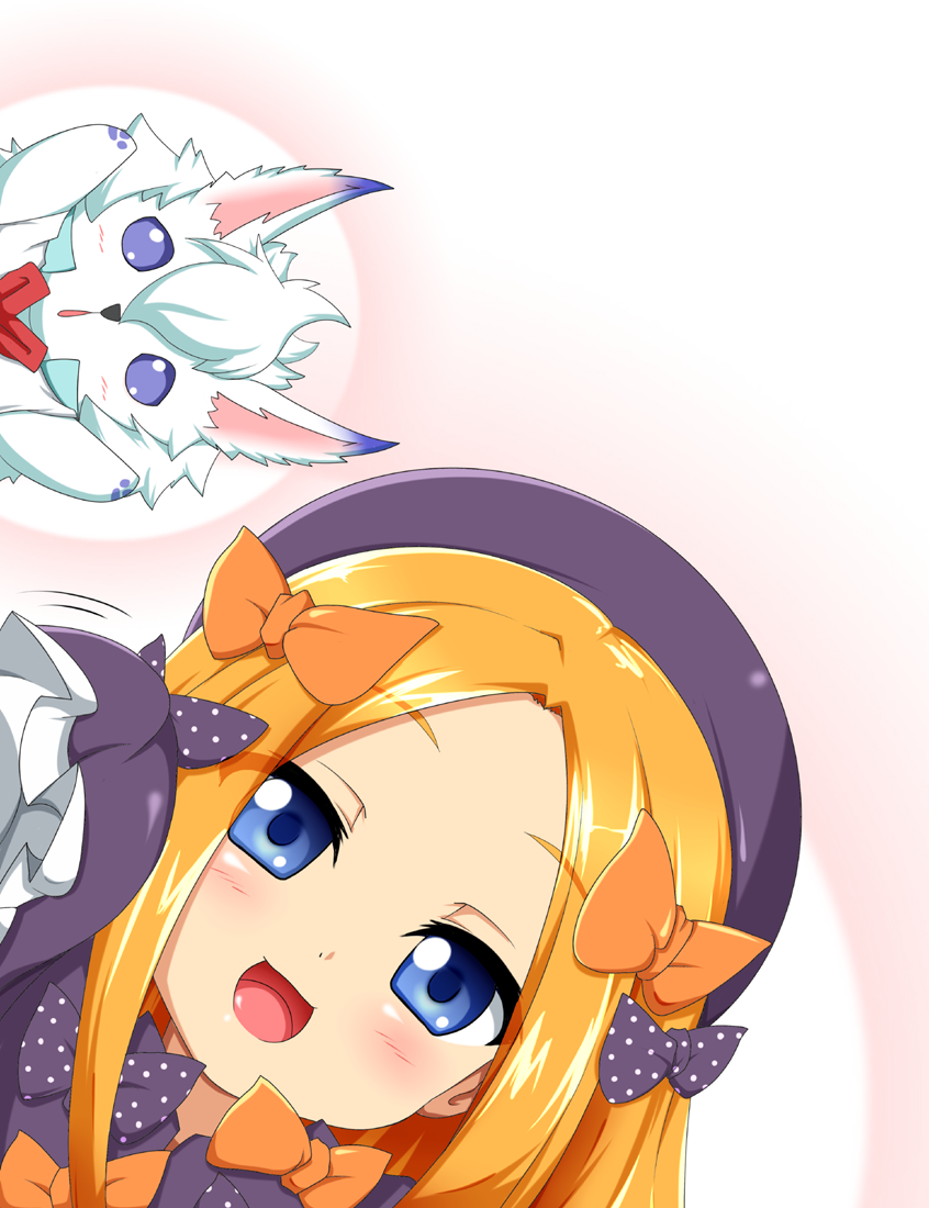 1girl :d abigail_williams_(fate/grand_order) bangs black_bow black_dress black_hat blonde_hair blue_eyes blush bow commentary_request dress dutch_angle eyebrows_visible_through_hair fate/grand_order fate_(series) forehead fou_(fate/grand_order) hair_bow hands_up hat kokujuuji long_hair long_sleeves open_mouth orange_bow parted_bangs polka_dot polka_dot_bow sleeves_past_fingers sleeves_past_wrists smile violet_eyes