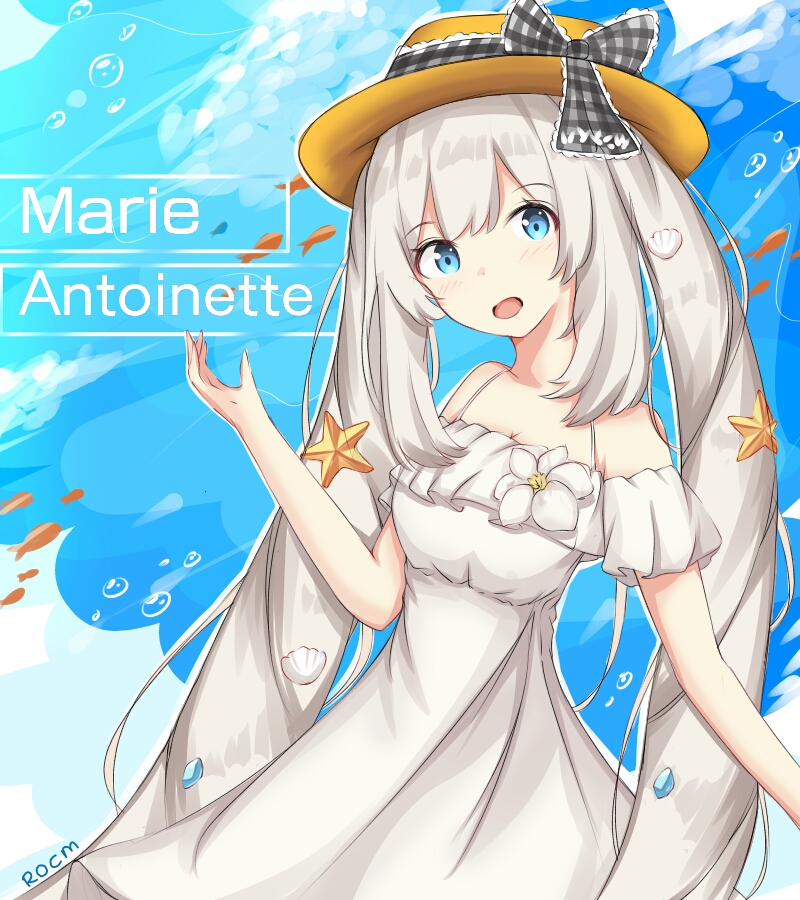 1girl :d artist_name bangs bare_shoulders blue_eyes blush bow breasts brown_hat character_name cleavage commentary dress eyebrows_visible_through_hair fate/grand_order fate_(series) grey_bow grey_ribbon hand_up hat hat_bow hat_ribbon head_tilt long_hair looking_at_viewer marie_antoinette_(fate/grand_order) off-shoulder_dress off_shoulder open_mouth plaid plaid_bow plaid_ribbon ribbon rocm_(nkkf3785) seashell_hair_ornament sidelocks silver_hair small_breasts smile solo starfish_hair_ornament sundress twintails very_long_hair white_dress