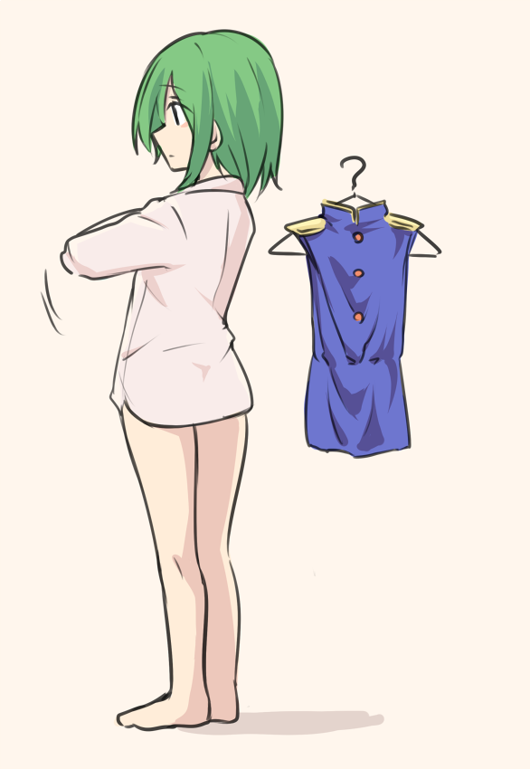 1girl barefoot black_eyes brown_background closed_mouth clothes_hanger commentary dress_shirt dressing eyebrows_visible_through_hair from_side full_body green_hair looking_to_the_side miyo_(ranthath) naked_shirt no_pants profile shiki_eiki shirt short_hair simple_background sketch standing touhou white_shirt
