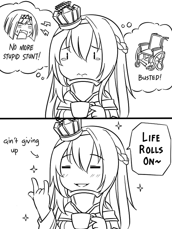 2girls 2koma =_= ark_royal_(kantai_collection) braid comic commentary crown cup english french_braid guin_guin hairband kantai_collection long_hair mini_crown monochrome multiple_girls neck_brace short_hair smile sparkle sweatdrop teacup tearing_up tears warspite_(kantai_collection) wheelchair