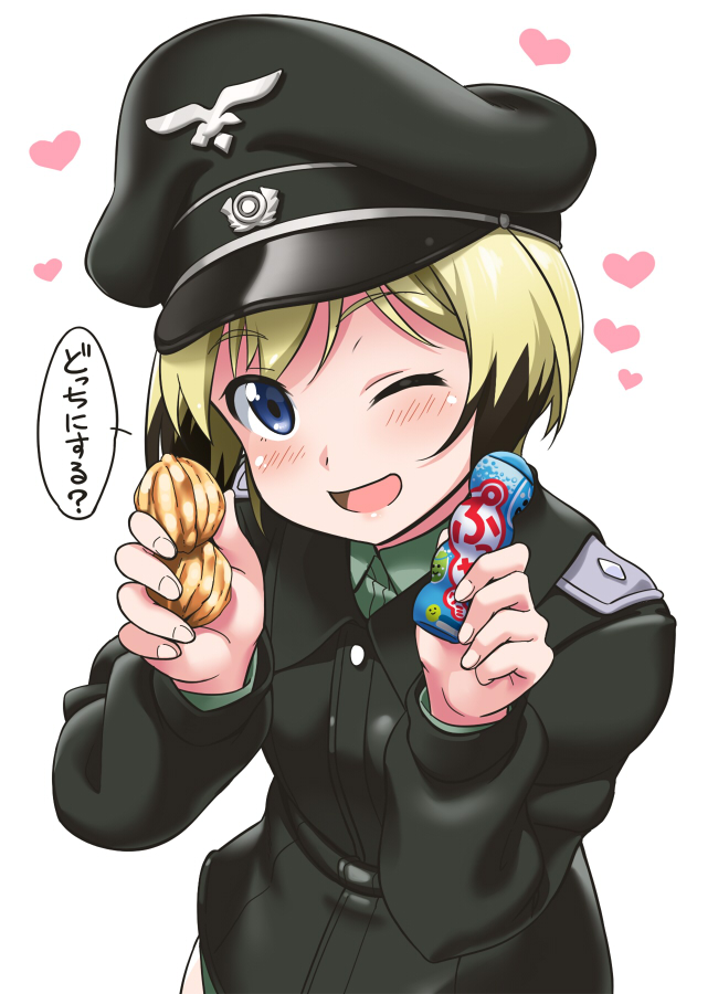 1girl 501st_joint_fighter_wing blonde_hair blue_eyes blush erica_hartmann female hat heart military military_uniform one_eye_closed open_mouth short_hair solo strike_witches translated uniform white_background wink world_witches_series youkan